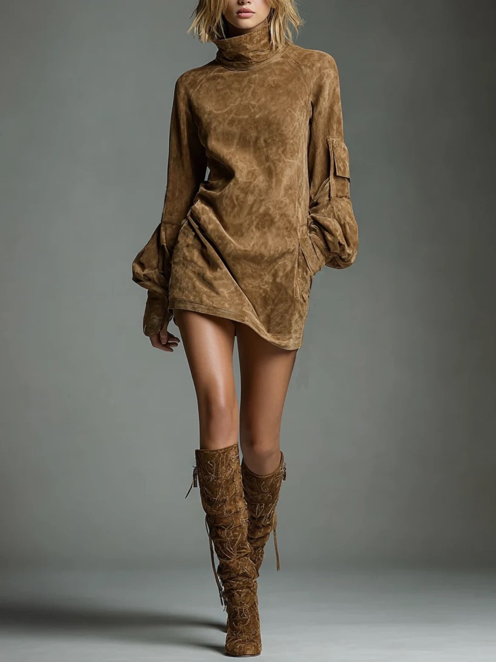 New Modesees Long Sleeve Faux Suede Mock‎ Neck Mini Dress Size Small in Camel